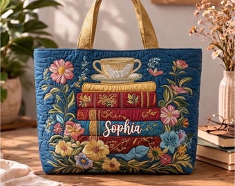 Personalized Book Lover Tote Bag, Vintage Books Tea Tote, Floral Library Bag, Tote Gift for Readers, Floral Bookish Tote, Tea Reading Book