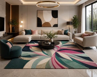 May include: A modern living room featuring a large, colorful area rug with a floral design in shades of teal, pink, and cream. The room includes a beige sectional sofa, a round black coffee table, and a teal armchair. A large abstract painting hangs on the wall.