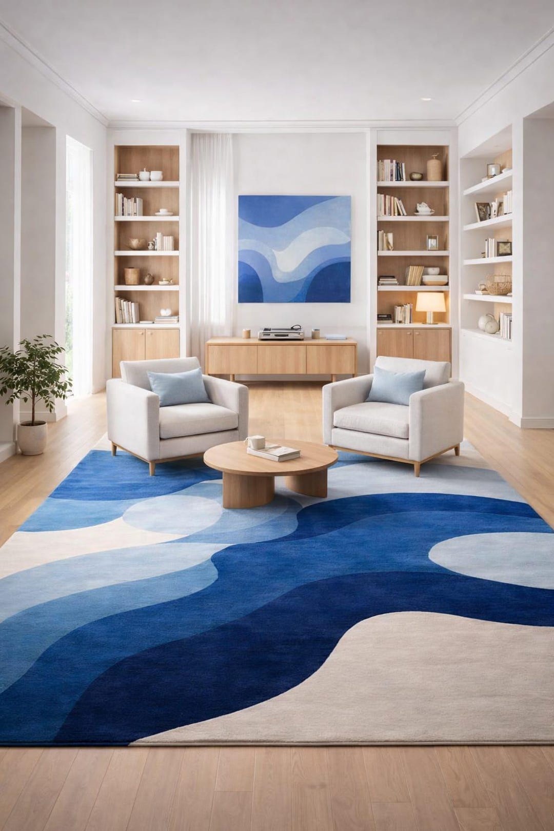 Hand Tufted Wool Rug, Modern Blue Abstract Wave Carpet, Minimalist ...