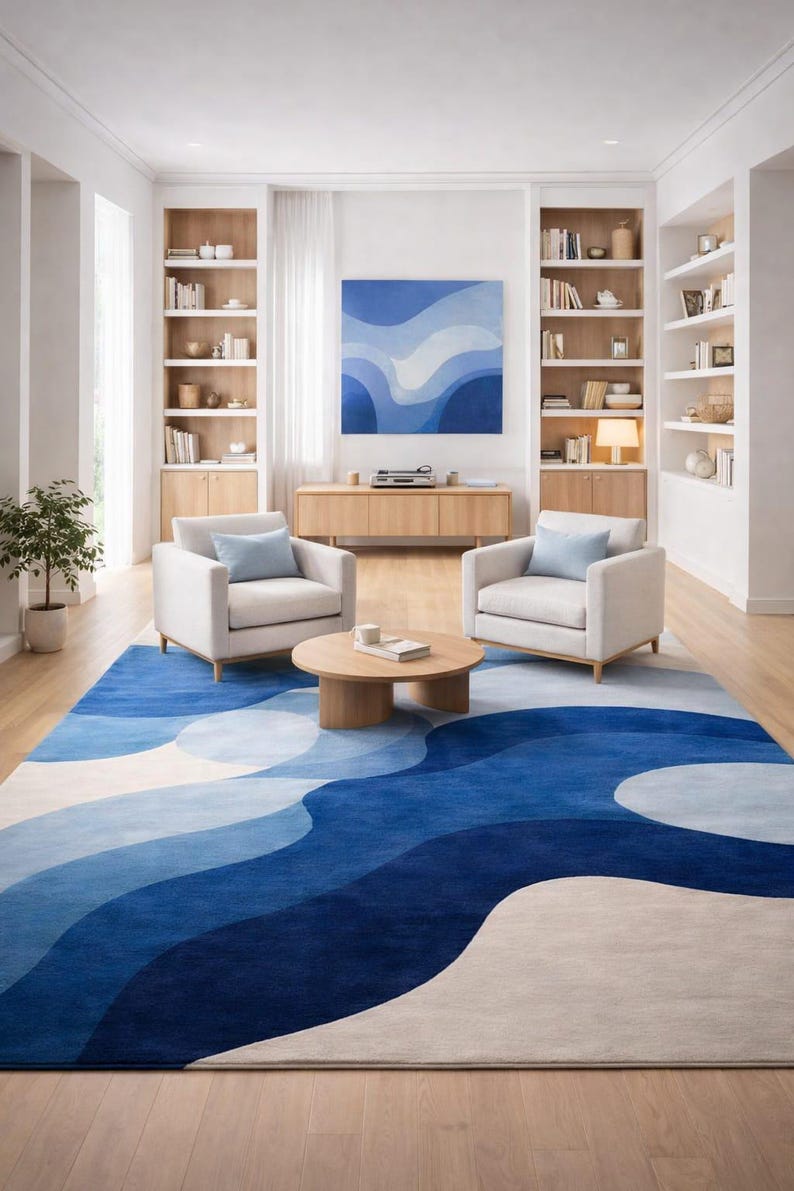 Hand Tufted Wool Rug, Modern Blue Abstract Wave Carpet, Minimalist ...