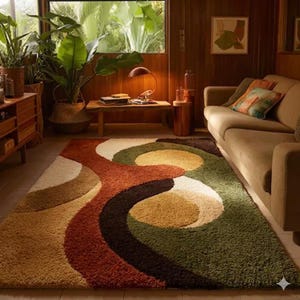 Alfombra retro abstracta de pelo largo con diseño de ondas: alfombra moderna de mediados de siglo, tejida a mano con 100 % lana.