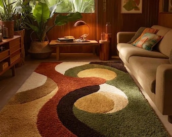 Alfombra retro abstracta de pelo largo con diseño de ondas: alfombra moderna de mediados de siglo, tejida a mano con 100 % lana.