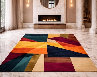 Hand Tufted Wool Geometric Abstract Area Rug, Modern Color Block Carpet
