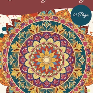 Può includere: Un colorato design mandala con un motivo floreale nei toni dell'arancione, giallo, blu e viola. Il testo "Color away the anxiety" è in alto, e un cerchio blu con "10 Pages" è a destra. Questa immagine è probabilmente per un libro da colorare.