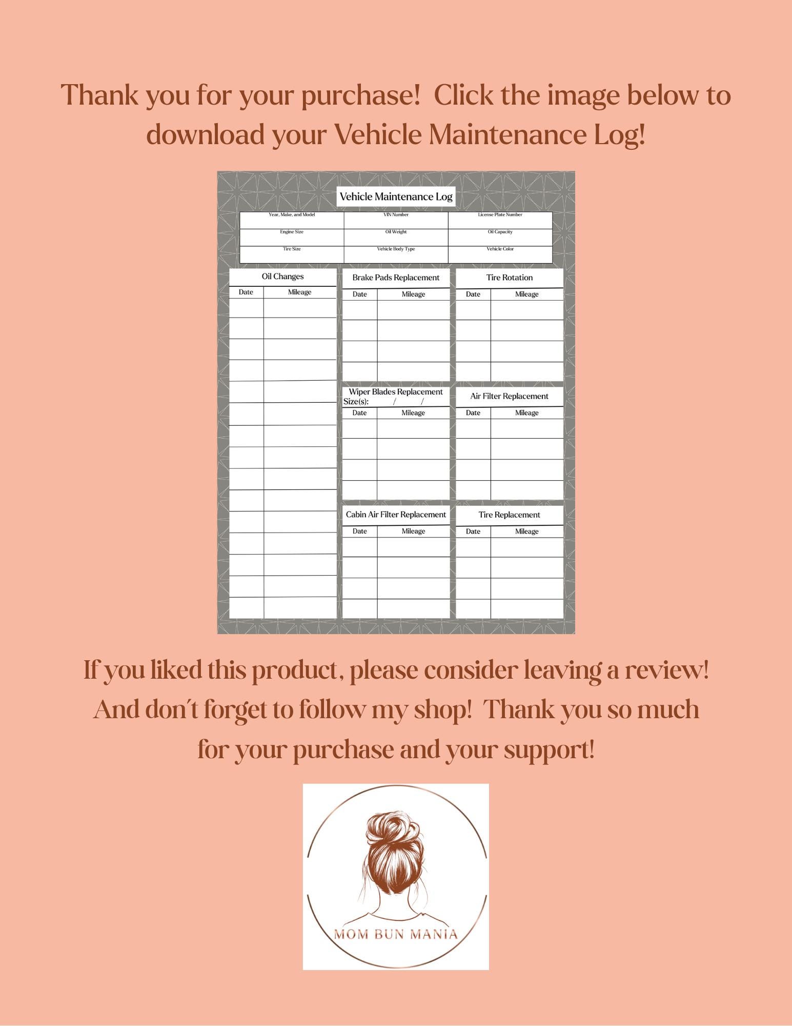 Vehicle Car Maintenance Log Printable EDITABLE Template - Etsy