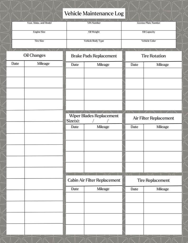 Vehicle Car Maintenance Log Printable - Etsy