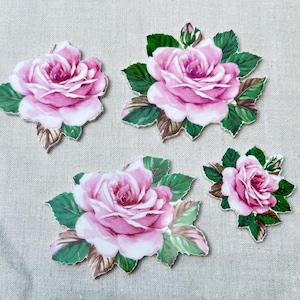4 recortes detalhados de rosas cor-de-rosa de porcelana vintage
