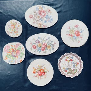 Peut inclure: Ensemble de plats et dessous de verre en céramique florale vintage. Les assiettes sont ovales, rondes et festonnées, avec des motifs de roses et de fleurs sauvages colorées dans des tons roses, rouges, jaunes et bleus. Sur fond bleu foncé.