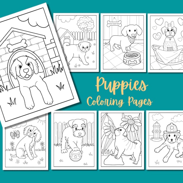 Puppy kleurplaten, kleurplaten voor kinderen, kleurboek voor kinderen, afdrukbare puppy's, kleurplaten voor honden