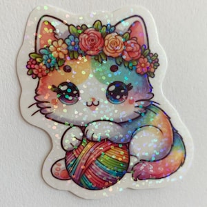 Rainbow Kitten Vinyl Sticker, kitten holographic sticker, Colorful Cat sticker, glittery cat sticker, cat sticker, kitten sticker