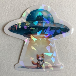Cat Alien Abduction Vinyl Sticker, Holographic Sticker, Cat Alien, Cat UFO, Funny Cat Sticker, Cat Sticker, Cat Decal, UFO, Alien
