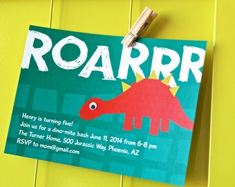 May include: A green and white dinosaur birthday party invitation with a red dinosaur with yellow spikes. The invitation reads "ROARRR" in white letters and includes the text "Henry is turning five! Join us for a dino-mite bash June 11, 2014 from 6-8 pm The Turner Home, 500 Jurassic Way, Phoenix, AZ RSVP to mom@gmail.com".