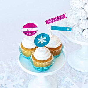 Snowflake Cupcake Toppers & Party Flags for Frozen inspired Birthday Party Instant Printable PDF Download image 2