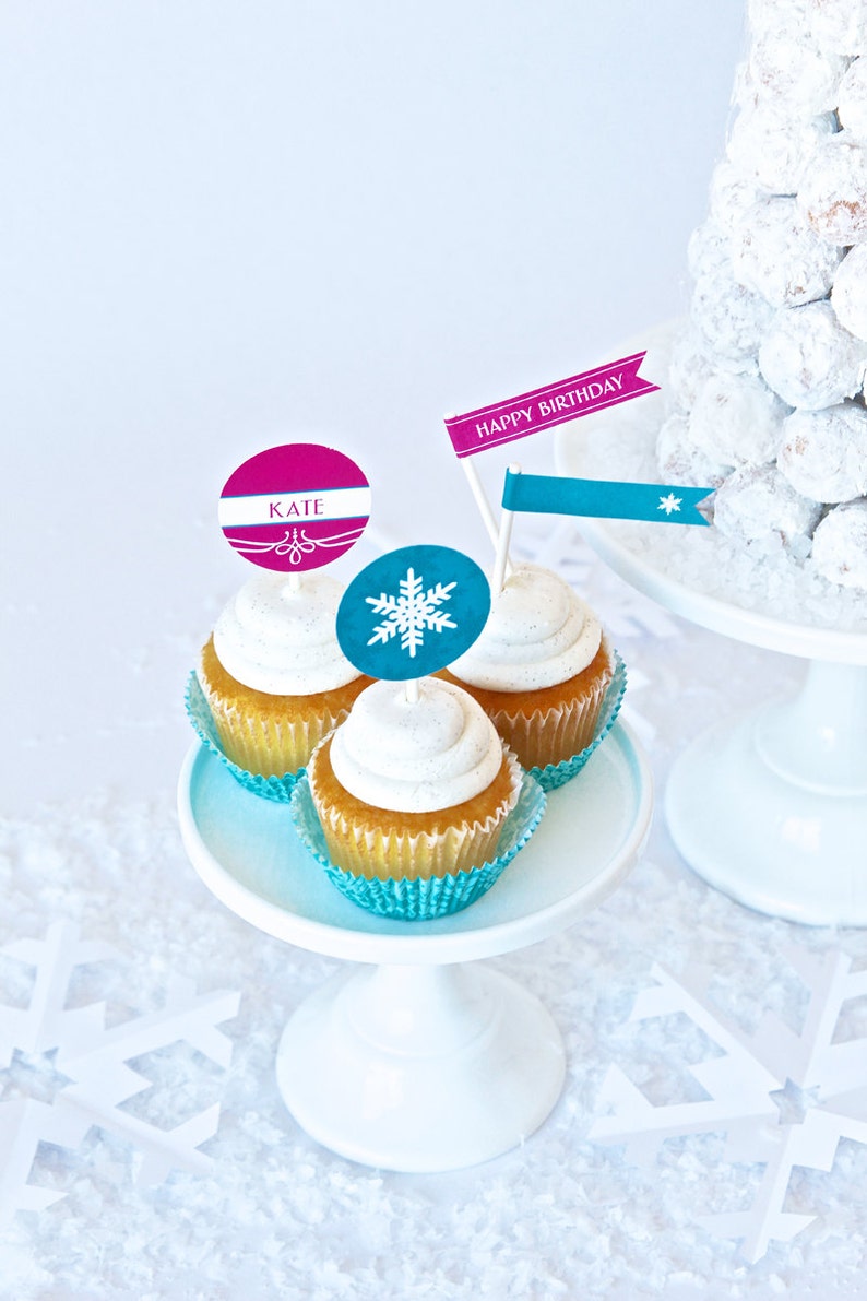 Snowflake Cupcake Toppers & Party Flags for Frozen inspired Birthday Party Instant Printable PDF Download image 2