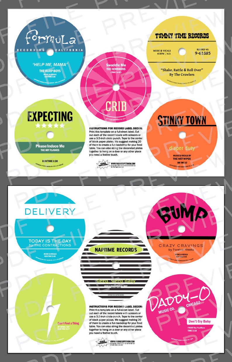 Rock Star Baby Shower Record Labels for Paper Plate Records Printable PDF Gender Neutral Boy & Girl Colors Available image 3