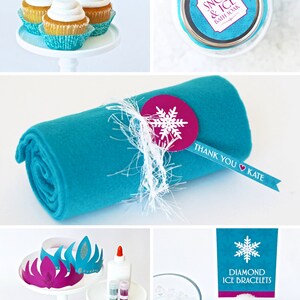 May include: A collection of party decorations and favors with a winter theme. Includes cupcakes with toppers, a jar of bath soak, a rolled-up teal blanket with a tag, paper crowns, and diamond ice bracelets.