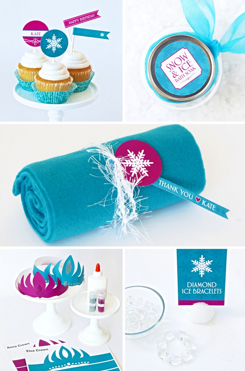 May include: A collection of party decorations and favors with a winter theme. Includes cupcakes with toppers, a jar of bath soak, a rolled-up teal blanket with a tag, paper crowns, and diamond ice bracelets.