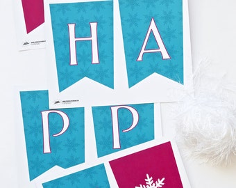 Banner para decoración de fiesta inspirada en Frozen, pancarta, guirnalda, decoración: "Feliz cumpleaños". ¡Descarga INSTANTÁNEA!