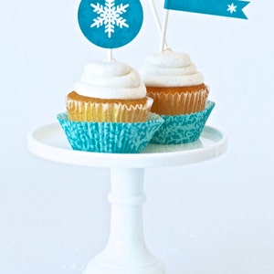 Snowflake Cupcake Toppers & Party Flags for Frozen inspired Birthday Party Instant Printable PDF Download image 1