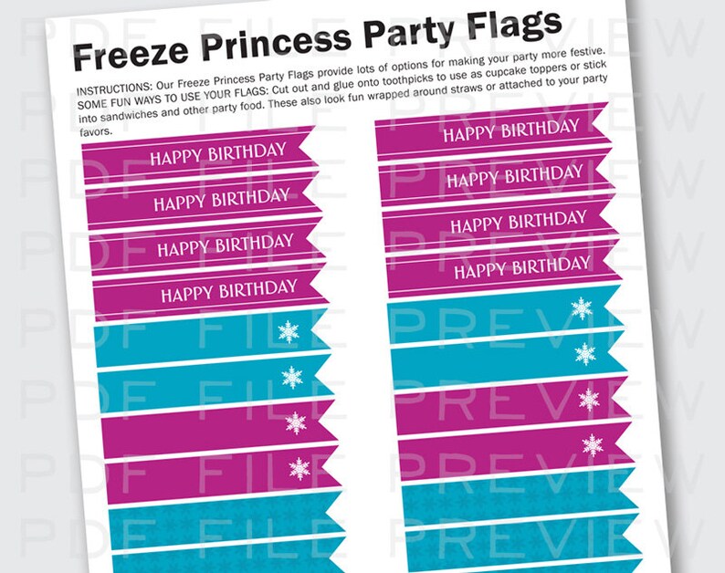 Snowflake Cupcake Toppers & Party Flags for Frozen inspired Birthday Party Instant Printable PDF Download image 5