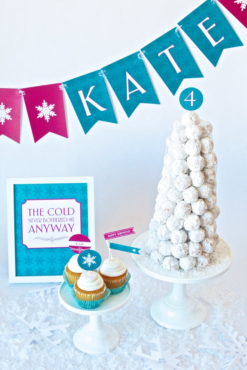 Snowflake Cupcake Toppers & Party Flags for Frozen inspired Birthday Party Instant Printable PDF Download image 3