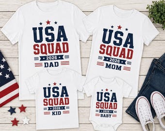 Benutzerdefiniertes USA Squad 2026-Shirt, passendes Familienoutfit zum 4. Juli, personalisiertes T-Shirt mit der amerikanischen Flagge, Familienkader-Set zum Unabhängigkeitstag