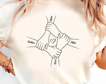 Benutzerdefinierte Familie halten Hände Shirt, personalisierte Familienmitglied Namen T-Shirt, minimalistisch Line Art Familien Geschenk, passendes Familientreffen Outfit