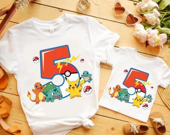 Benutzerdefinierte Pokemon 5. Geburtstag Shirt, Pikachu Glumanda Squirtle Bisasam Tee, fünf Jahre altes Geschenk