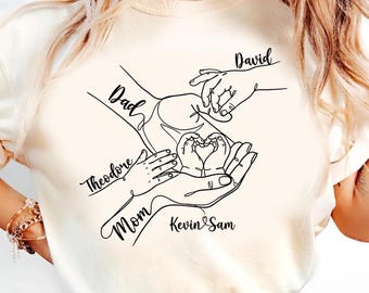 Personalisierte Familie Hände Herz Shirt, Benutzerdefinierte Namen Line Art T-Shirt, Muttertagsgeschenk für Oma, Neugeborenen Baby Familienandenken Shirt