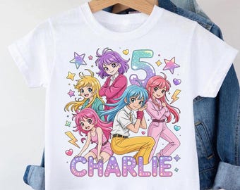 Anime Mädchen Geburtstag Shirt, individueller Name Alter 5 Manga T-Shirt, Magische Mädchen Thema Party Outfit, Bunte Kinder Anime Geschenk