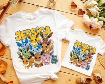 Personalisierte Evoli Evolution Geburtstag Jugend T-Shirt Benutzerdefinierte Name Alter Pokemon Kinder Evoli Party Geschenk Aquana Jolteon Flareon Espeon Tee