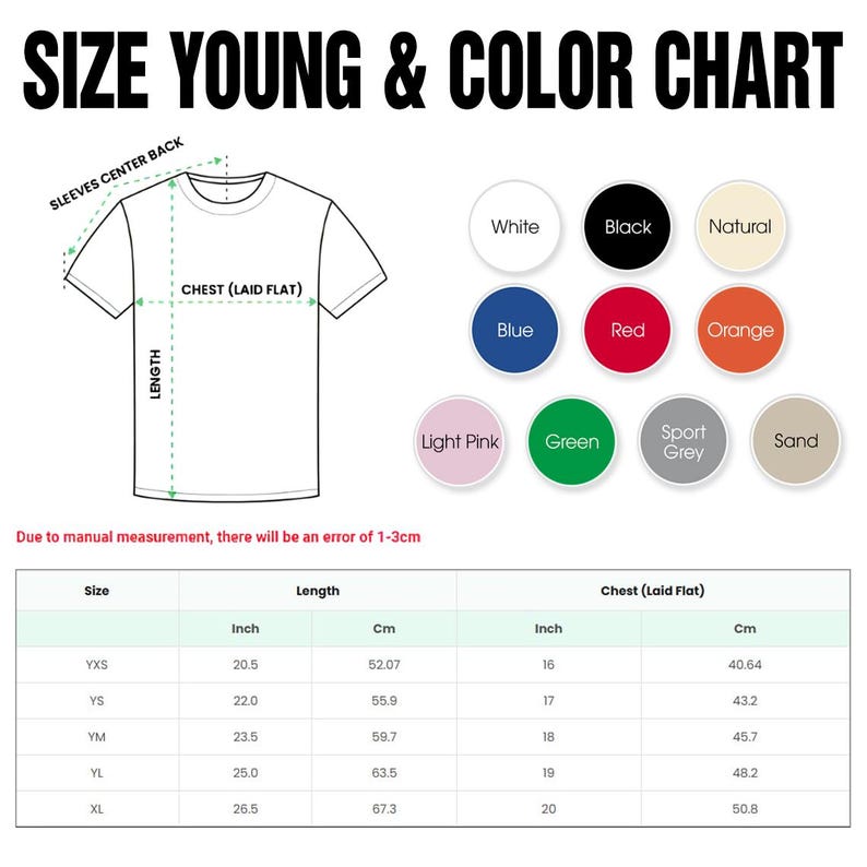 Puede incluir: Un diagrama de camiseta blanca con medidas en pulgadas y cent&iacute;metros, y una carta de colores con varios colores, incluyendo blanco, negro, azul, rojo y verde. El texto en la parte superior dice "SIZE YOUNG & COLOR CHART."
