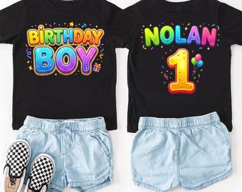Personalisiertes ersten Geburtstags-Jungen-Shirt, individueller Name 1. Geburtstag-T-Shirt, buntes Süßigkeits-Thema-Party-Outfit, ein Jahr altes Geschenk, Kleinkind-Gewohnheit
