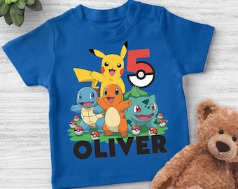 Camiseta personalizada con nombre de Monster Friends para el quinto cumpleaños, camiseta amarilla de criatura eléctrica para fiesta infantil, regalo