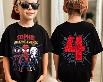 Benutzerdefinierte Spidey und erstaunliche Freunde Geburtstag Shirt, personalisierte Name Alter 4 Mädchen Junge schwarze T-Shirt, Spidey Ghost Miles Party Outfit, Held Tee