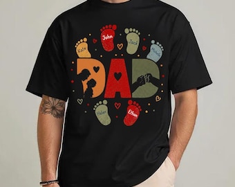 Personalisiertes Dad Shirt mit Kindernamen, personalisiertes Vatertag Fußabdruck T-Shirt, Vintage Retro Dad Fist Bump Shirt, Benutzerdefinierte neuer Vater Geburtstagsgeschenk