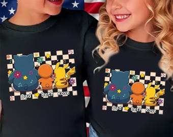 Benutzerdefinierte Chibi Dad Kinder Shirt, personalisiertes Snorlax Papa T-Shirt, Retro kariertes Vatertagsgeschenk, benutzerdefinierter Name Familien Outfit, süßes Papa T-Shirt