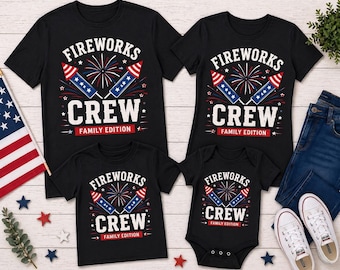 Fireworks Crew Passende Familienhemden, Benutzerdefiniertes 4. Juli Mitglieds-T-Shirt, Partykleidung zum Unabhängigkeitstag, personalisierte Firecracker-Familienoutfits