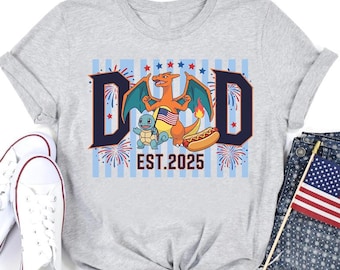 Benutzerdefinierte Pokemon Dad Est 2025 Shirt, Glurak Squirtle 4 Juli Männer T-Shirt, Vatertags Geschenk, neue Dad Pokemon Geburtstag Kleidung