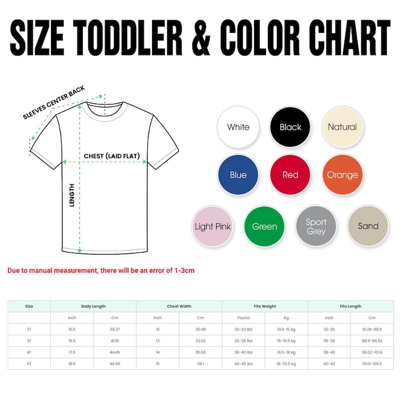 Puede incluir: Una camiseta blanca para ni&ntilde;os peque&ntilde;os con una tabla de tallas y colores. La tabla incluye medidas en pulgadas y cent&iacute;metros para la longitud del cuerpo, el ancho del pecho y la longitud del ajuste. Las opciones de color incluyen blanco, negro, natural, azul, rojo, naranja, rosa claro, verde, gris deportivo y arena.
