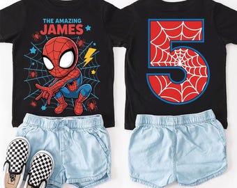 Kundenspezifisches das erstaunliche James-Geburtstags-Shirt, personalisierter Name Alter 5 Spidey-T-Stück, Web-Slinger-Party-Shirt, Spidey-Geburtstags-Jungen-weißes T-Stück