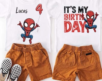 Benutzerdefinierte Spidey Geburtstag Shirt, personalisierte Name Alter 4 Junge Creme T-Shirt, Spidey Ballon spezielle Tag Shirt, Minimalist Held Geburtstag Outfit