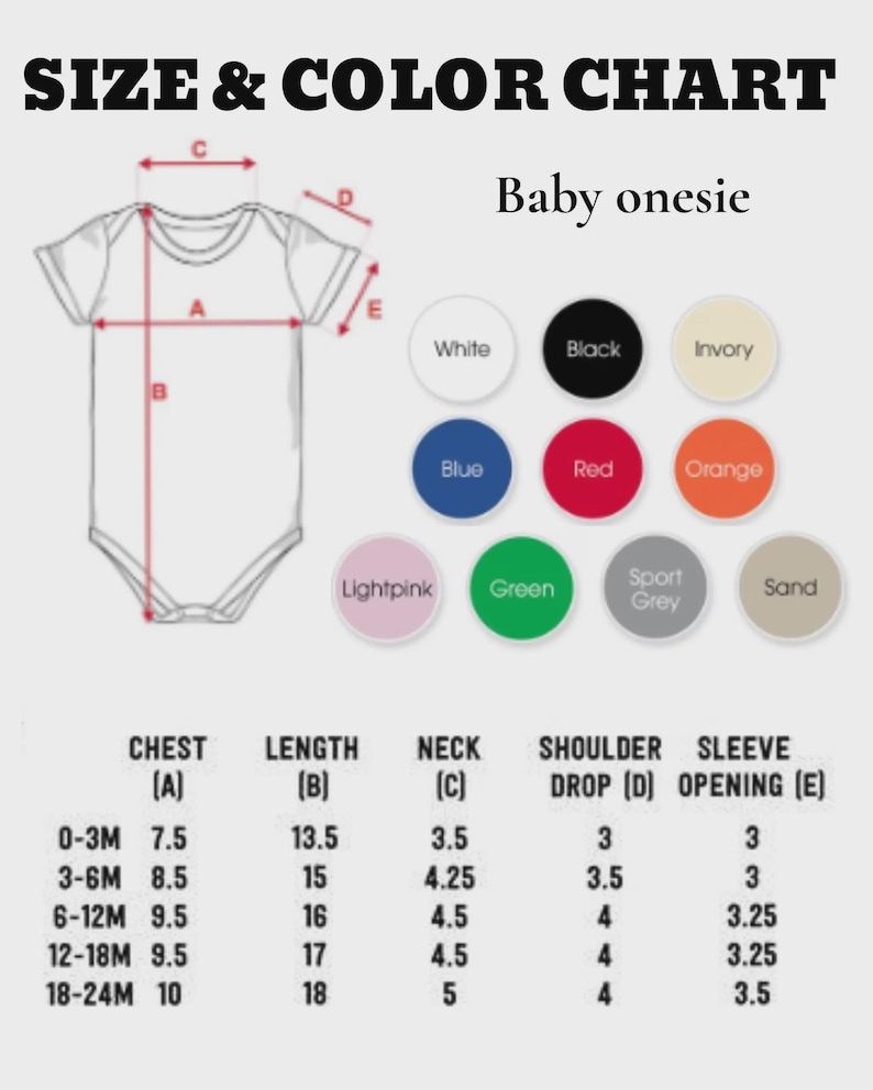 Puede incluir: Una tabla de tallas y colores para un body de beb&eacute;. La tabla incluye medidas de pecho, largo, cuello, ca&iacute;da de hombros y abertura de manga. Las opciones de color incluyen blanco, negro, marfil, azul, rojo, naranja, rosa claro, verde, gris deportivo y arena.