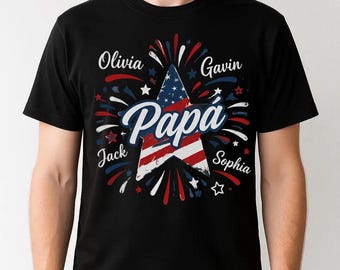 Kundenspezifisches Papa-Hemd mit den Namen der Enkelkinder Vatertags-T-Shirt 4. von Juli Vater-T-Shirt für ihn