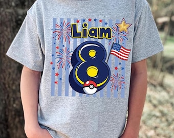 Benutzerdefiniertes 4. Juli Pokemon Geburtstags-Shirt, personalisiertes Liam Age 8 Party-T-Shirt, amerikanische Flagge Patriotisches Kinder-Outfit, Pokemon-Trainer-Tuch