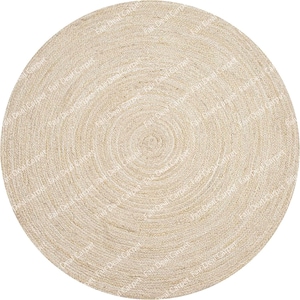 May include: A round, natural-toned jute rug. The rug's design features a spiral pattern, with the fibers tightly woven to create a textured surface. The rug is a neutral color, suitable for various interior design styles.