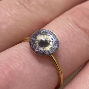 Puede incluir: Un anillo dorado con un diseño redondo en forma de ojo. El ojo tiene un iris azul, gris y dorado con una pupila negra. La banda del anillo es delgada y sencilla, creando una estética minimalista.