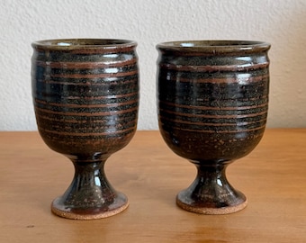 Set of 2 Studio Pottery Goblets – Tenmoku Iron Glaze – Signed Handmade Chalices