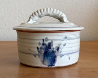 Small Vintage Studio Pottery Covered Dish – Cream & Cobalt Blue Lidded Casserole – Signed