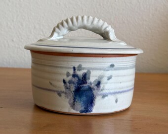 Small Vintage Studio Pottery Covered Dish – Cream & Cobalt Blue Lidded Casserole – Signed